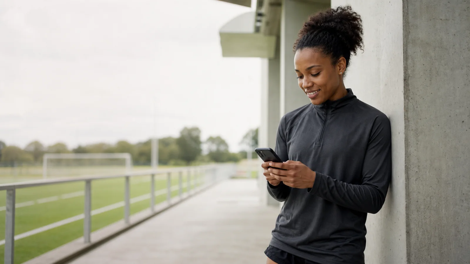 Footballer checking her phone beside a training pitch