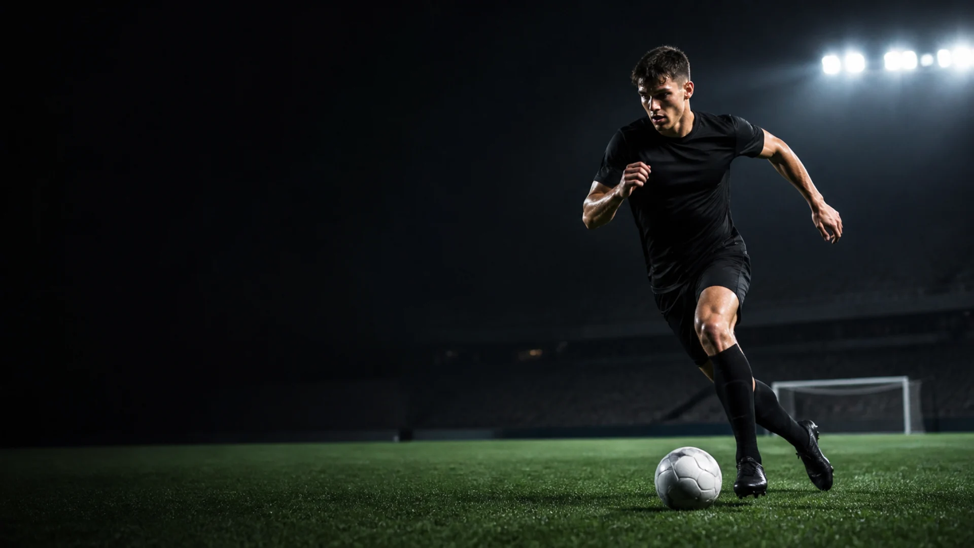 Footballer driving forward with the ball under stadium floodlights