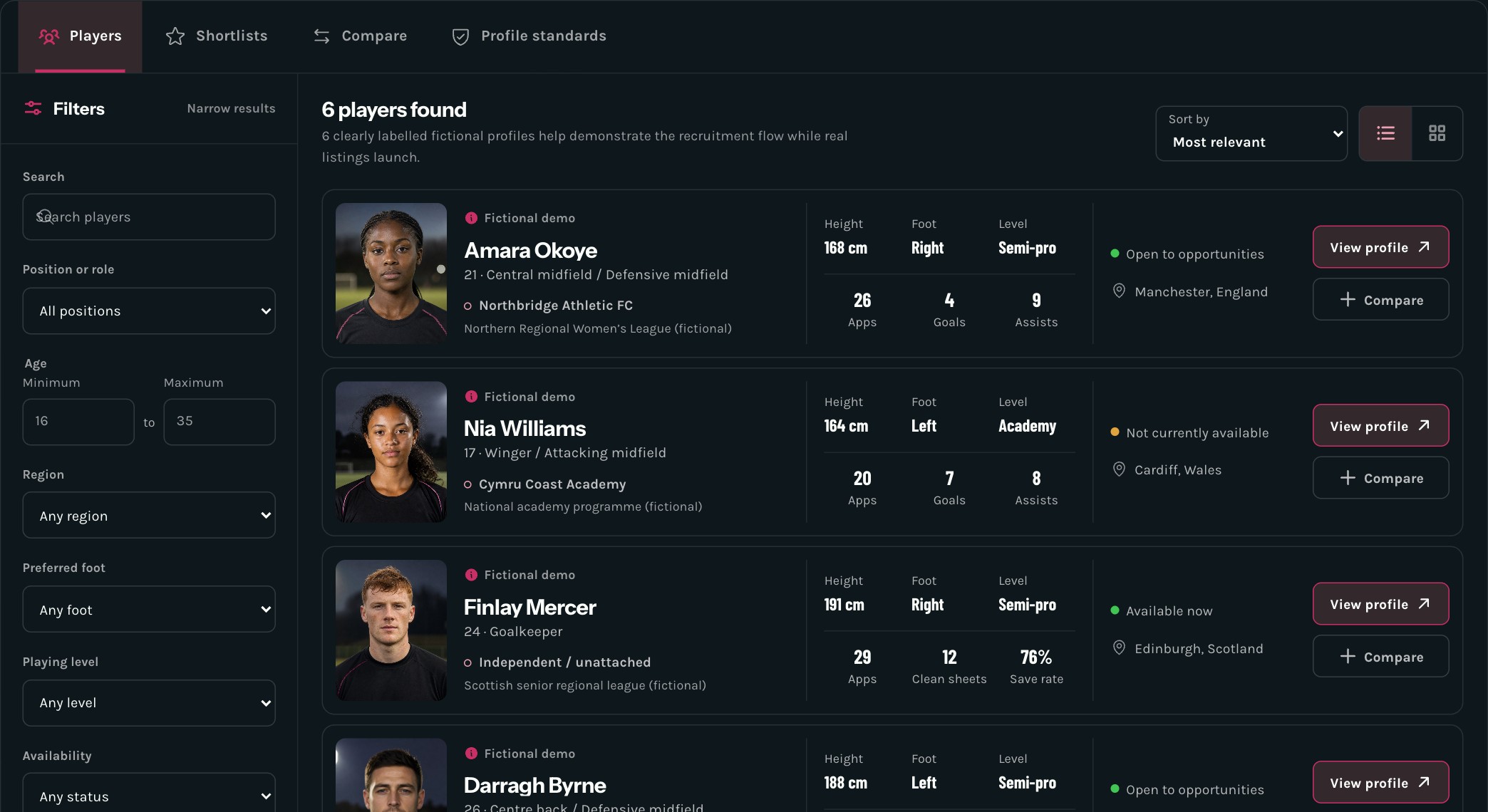 ScoutingLink player directory showing dark filters and player profile rows