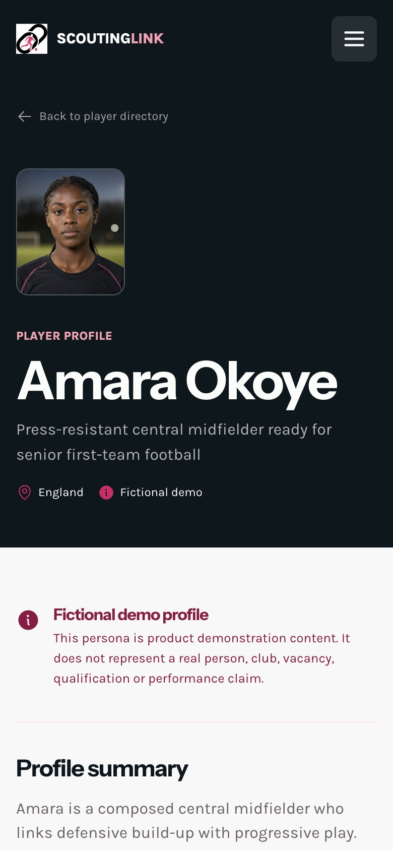 Responsive ScoutingLink player profile for Amara Okoye